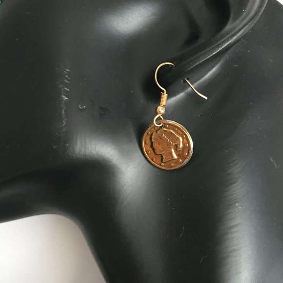 Vintage French Italian Coin Earrings Dangle Gold Plated Wire France Italy Lady - Picture 3 of 9